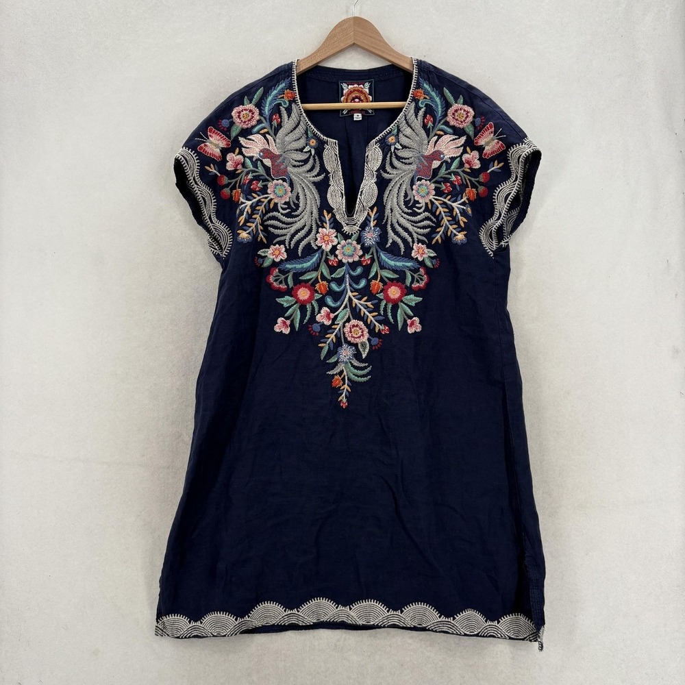 Johnny Was Dress Womens Medium Blue Linen Embroidered V Neck Shift Tunic Boho